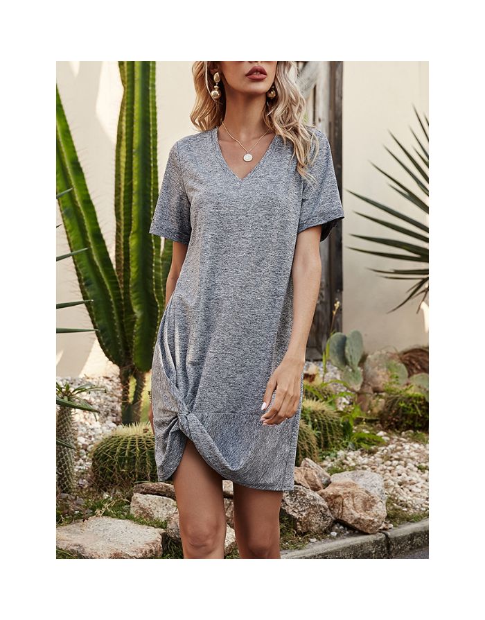 Summer Dress Short Sleeve V-Neck Solid Color Irregular Bowknot Short A-Line Dresses